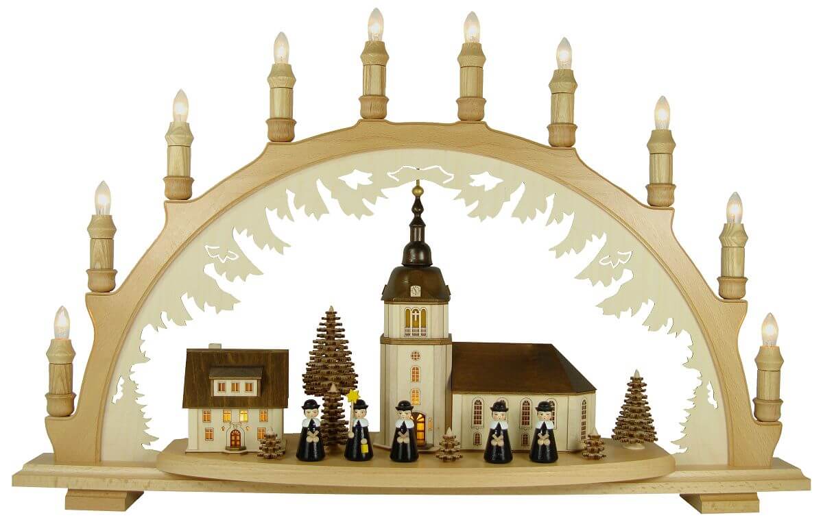 Schwibbogen 10-flg. Dorfkirche mit Kurrende Echt Erzgebirge 41115-schwarz