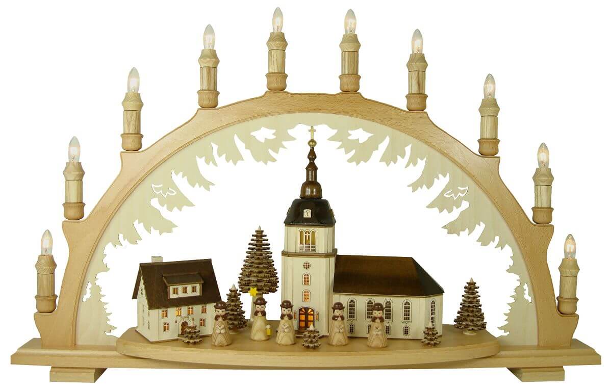 Schwibbogen 10-flg. Dorfkirche mit Kurrende Echt Erzgebirge 41115-natur